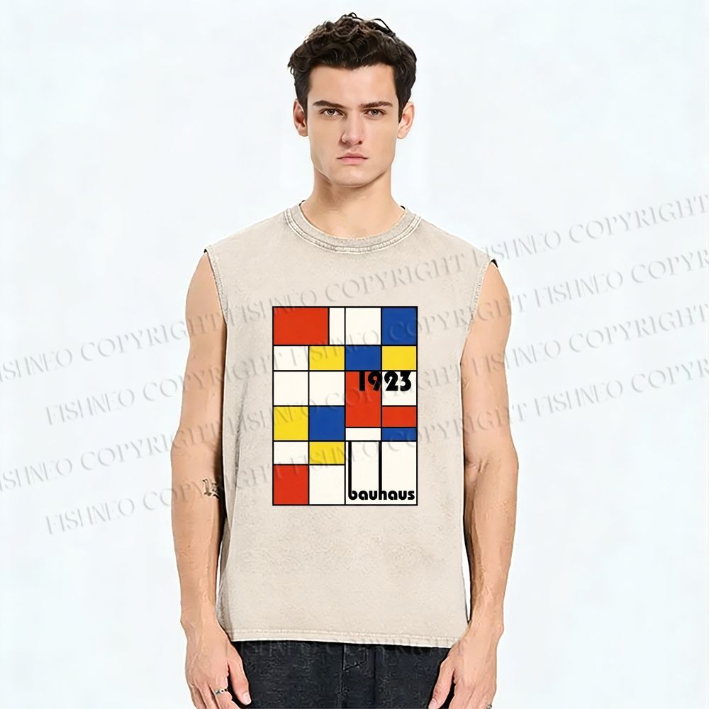 Unisex Bauhaus Geometric Design Printed Washed Tank Top