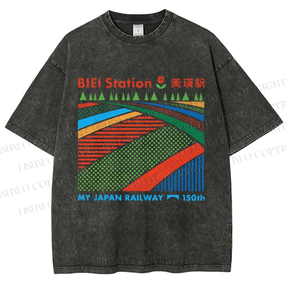 Unisex Biei Station Printed Washed Tee