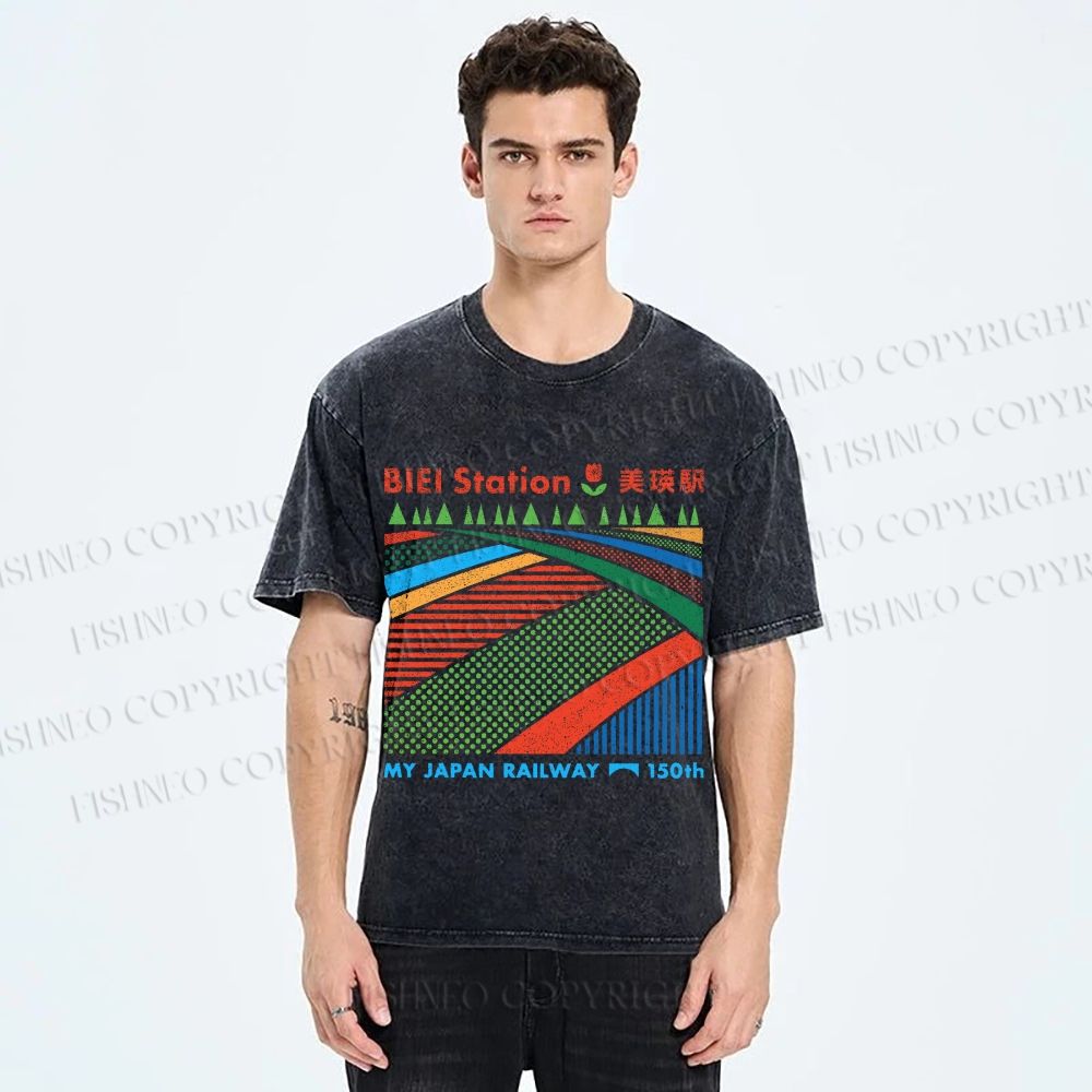 Unisex Biei Station Printed Washed Tee