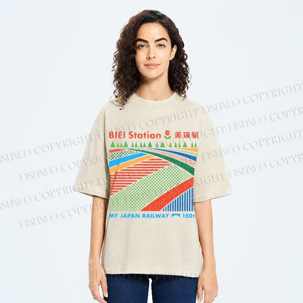 Unisex Biei Station Printed Washed Tee