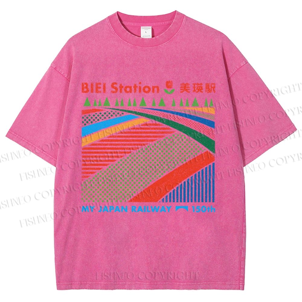 Unisex Biei Station Printed Washed Tee