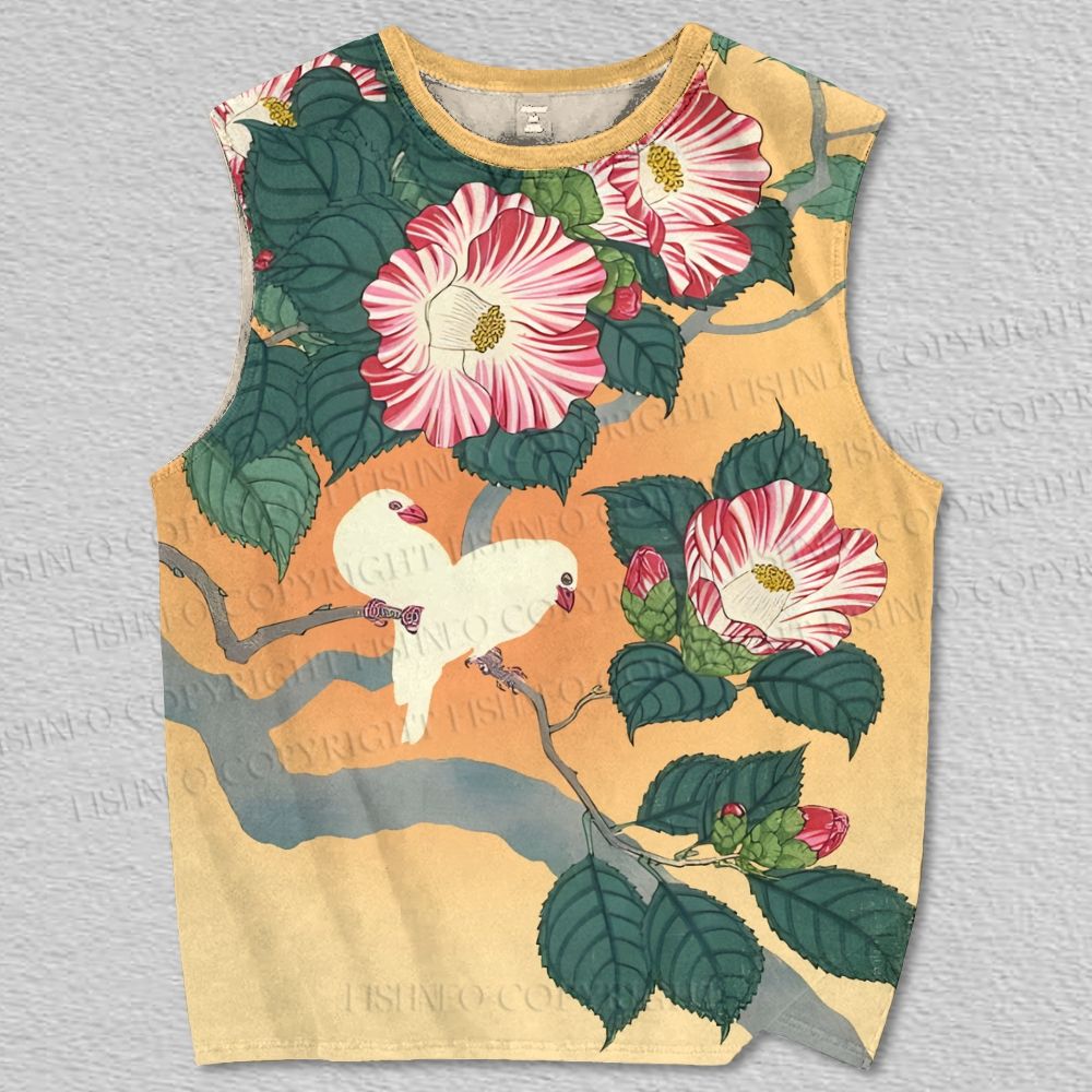 Unisex Vintage Birds in Flowers Printed Tank Top