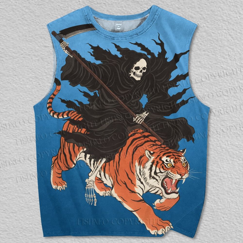 Unisex Grim Reaper Came on a Tiger Printed Tank Top