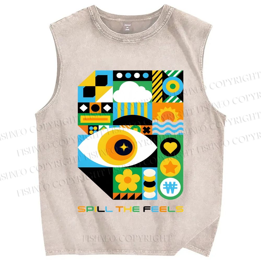 Unisex Bauhaus Style Green Eye Printed Washed Tank Top