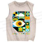 Unisex Bauhaus Style Green Eye Printed Washed Tank Top