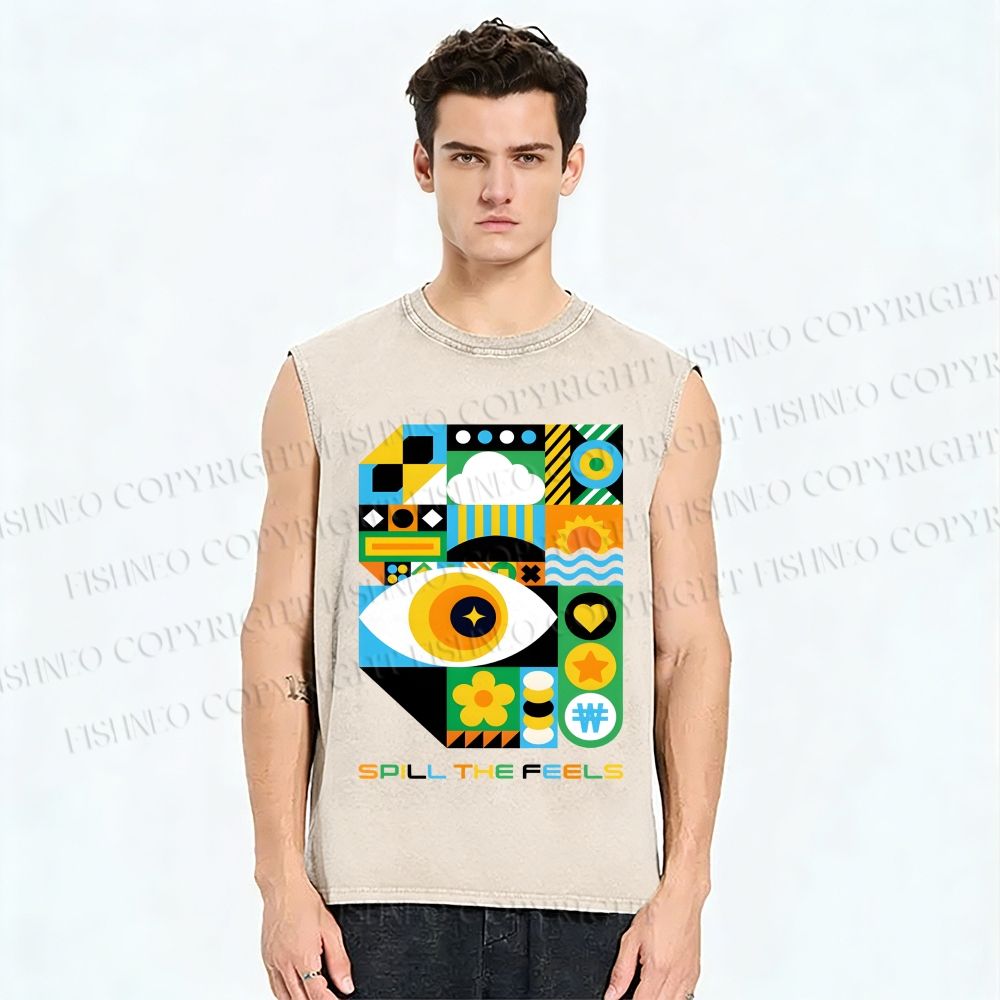 Unisex Bauhaus Style Green Eye Printed Washed Tank Top