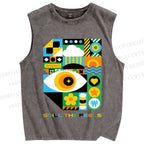 Unisex Bauhaus Style Green Eye Printed Washed Tank Top