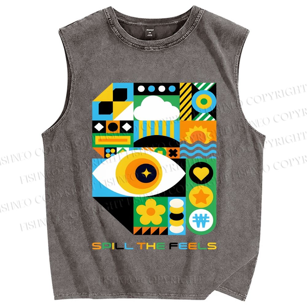 Unisex Bauhaus Style Green Eye Printed Washed Tank Top