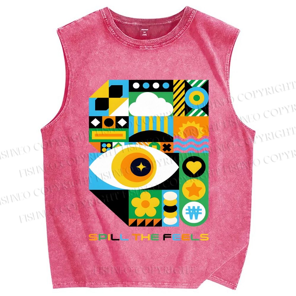 Unisex Bauhaus Style Green Eye Printed Washed Tank Top