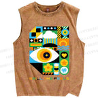 Unisex Bauhaus Style Green Eye Printed Washed Tank Top