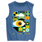 Unisex Bauhaus Style Green Eye Printed Washed Tank Top