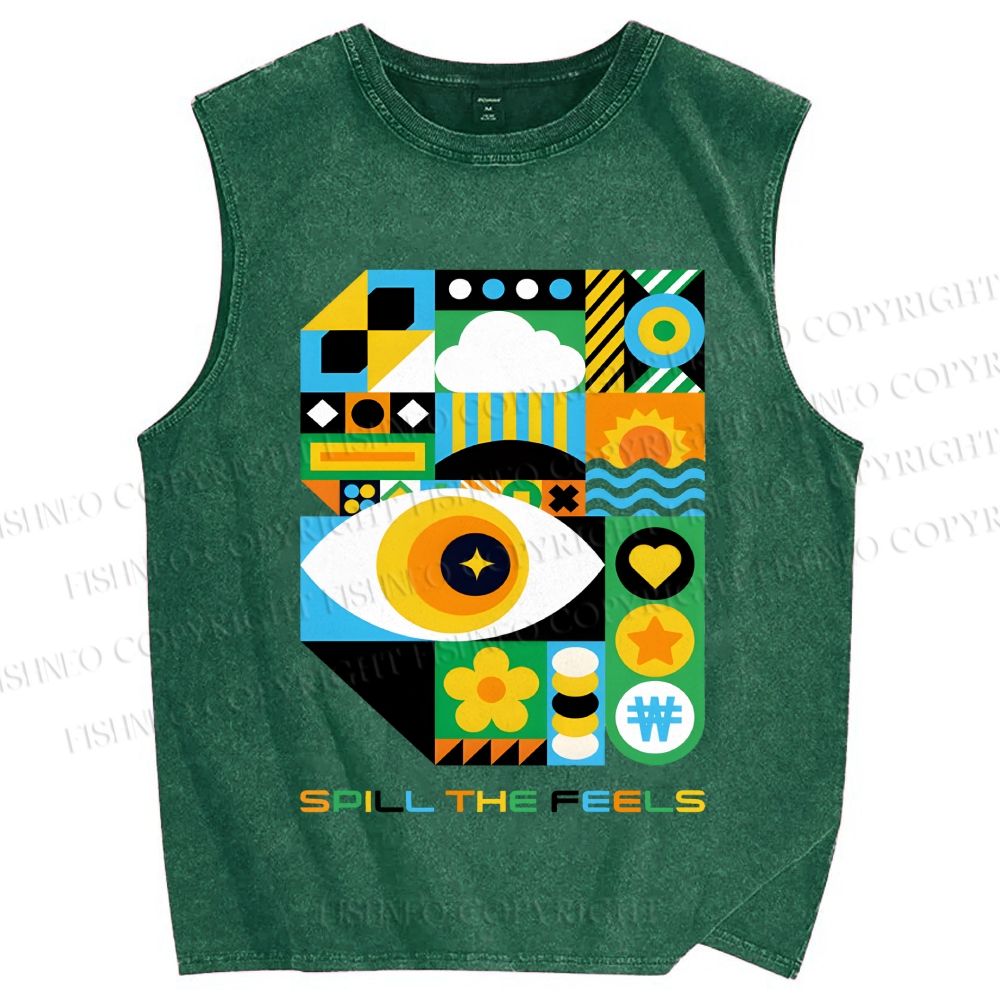 Unisex Bauhaus Style Green Eye Printed Washed Tank Top