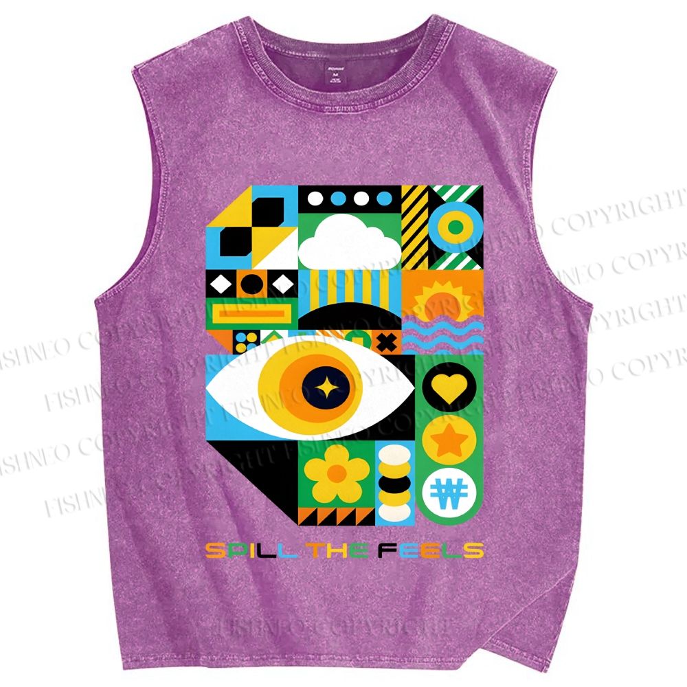 Unisex Bauhaus Style Green Eye Printed Washed Tank Top
