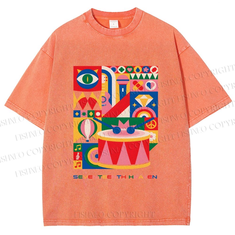 Unisex Pink Drum Bauhaus Design Printed Washed Tee