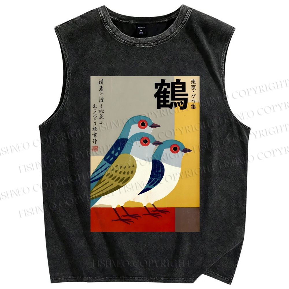 Unisex Japanese Crane Printed Washed Tank Top