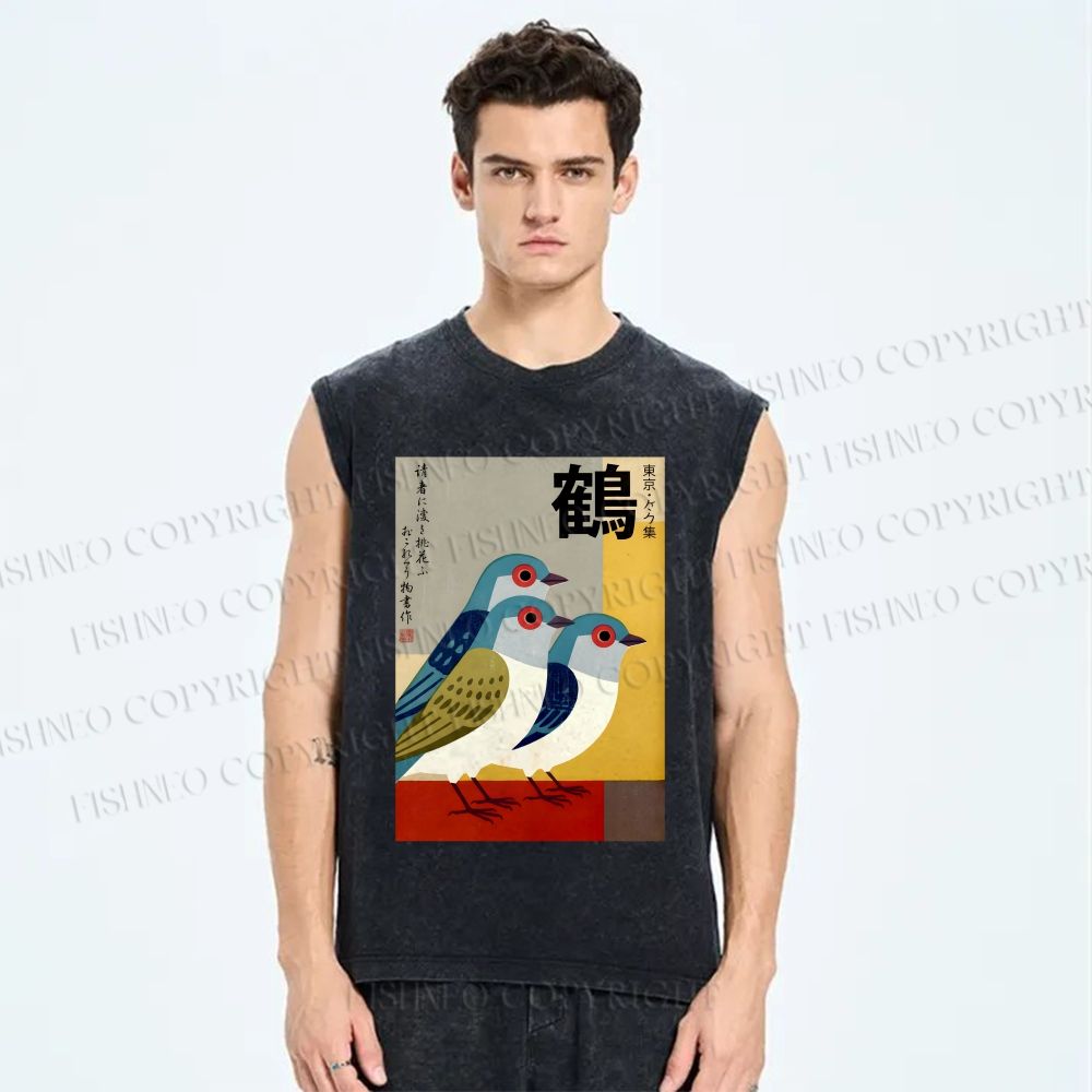 Unisex Japanese Crane Printed Washed Tank Top