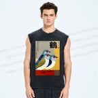 Unisex Japanese Crane Printed Washed Tank Top