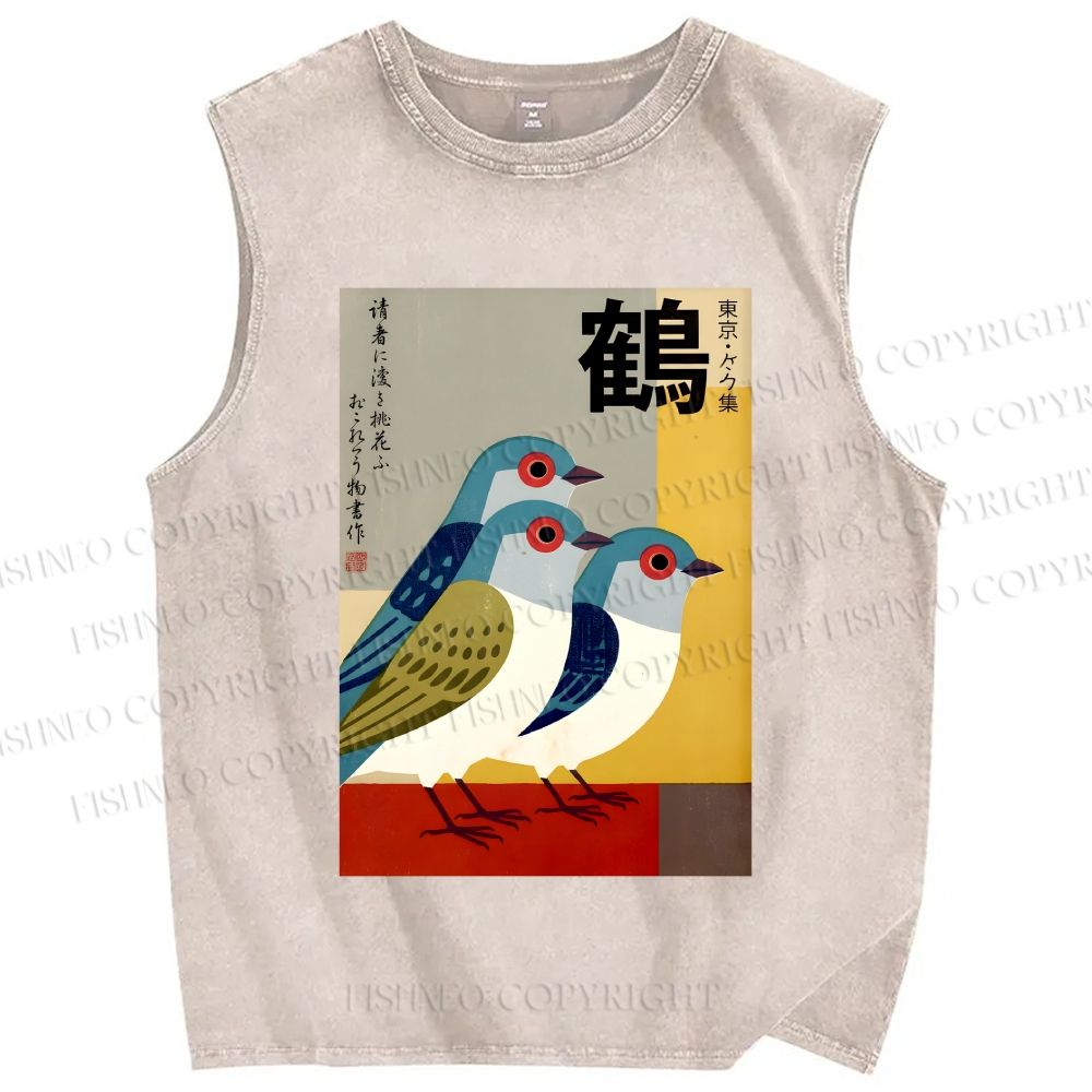 Unisex Japanese Crane Printed Washed Tank Top