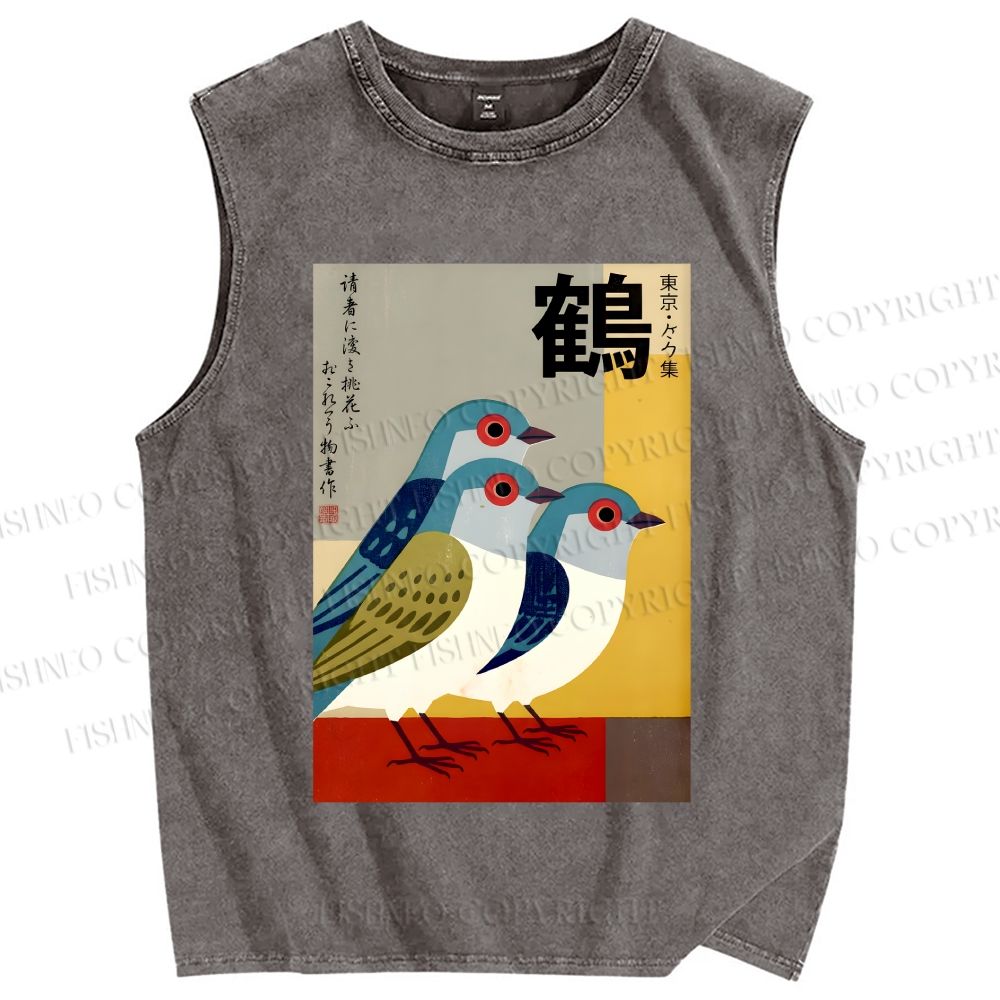 Unisex Japanese Crane Printed Washed Tank Top