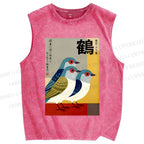 Unisex Japanese Crane Printed Washed Tank Top