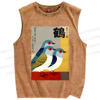 Unisex Japanese Crane Printed Washed Tank Top