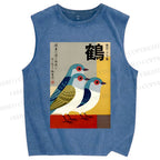 Unisex Japanese Crane Printed Washed Tank Top