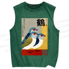 Unisex Japanese Crane Printed Washed Tank Top