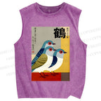 Unisex Japanese Crane Printed Washed Tank Top