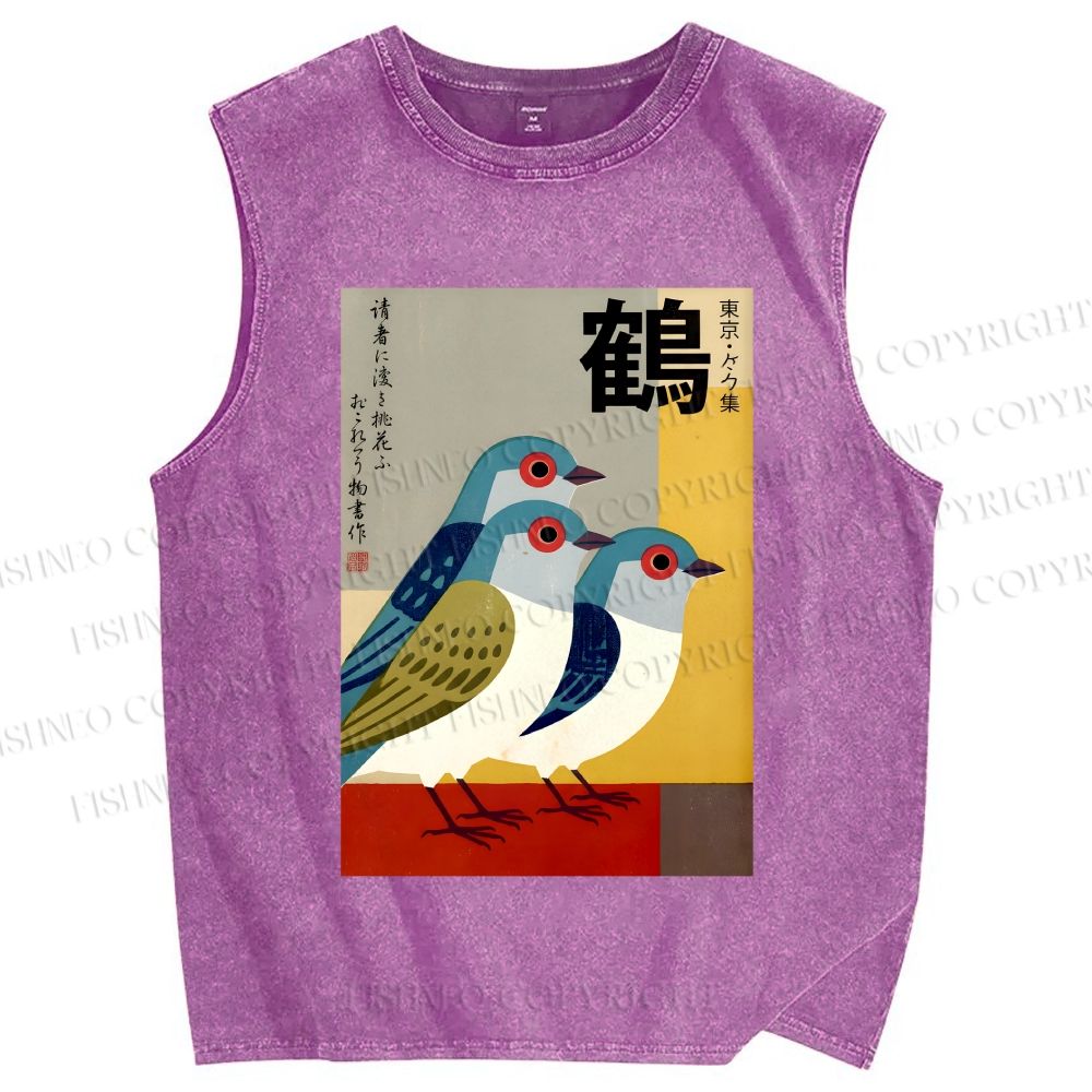 Unisex Japanese Crane Printed Washed Tank Top