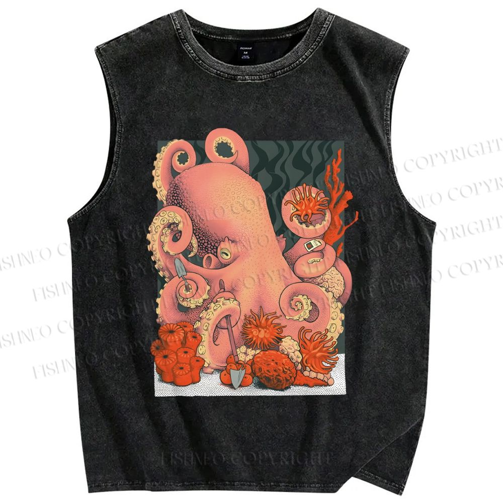 Unisex Octopus on Sand Printed Washed Tank Top