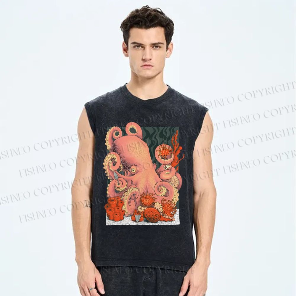 Unisex Octopus on Sand Printed Washed Tank Top