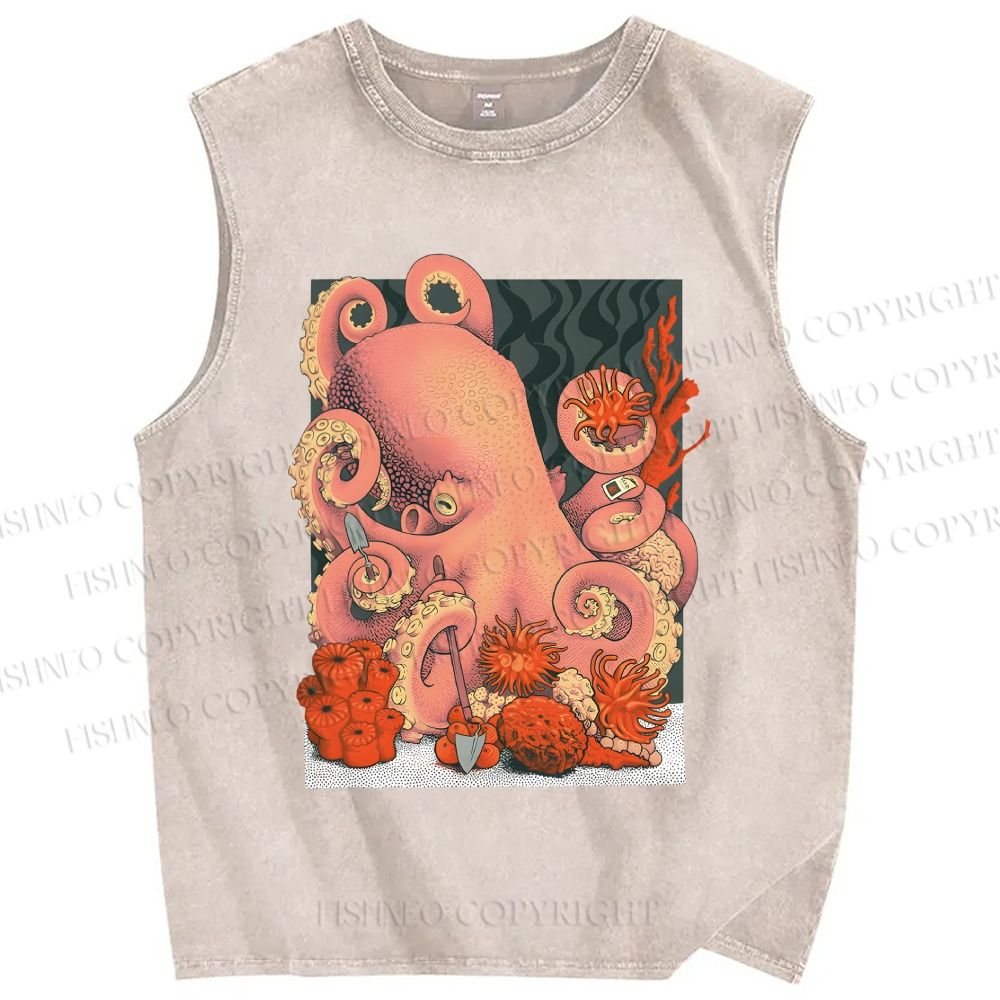 Unisex Octopus on Sand Printed Washed Tank Top
