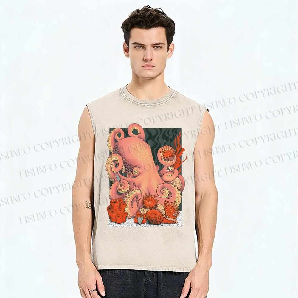 Unisex Octopus on Sand Printed Washed Tank Top