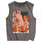 Unisex Octopus on Sand Printed Washed Tank Top