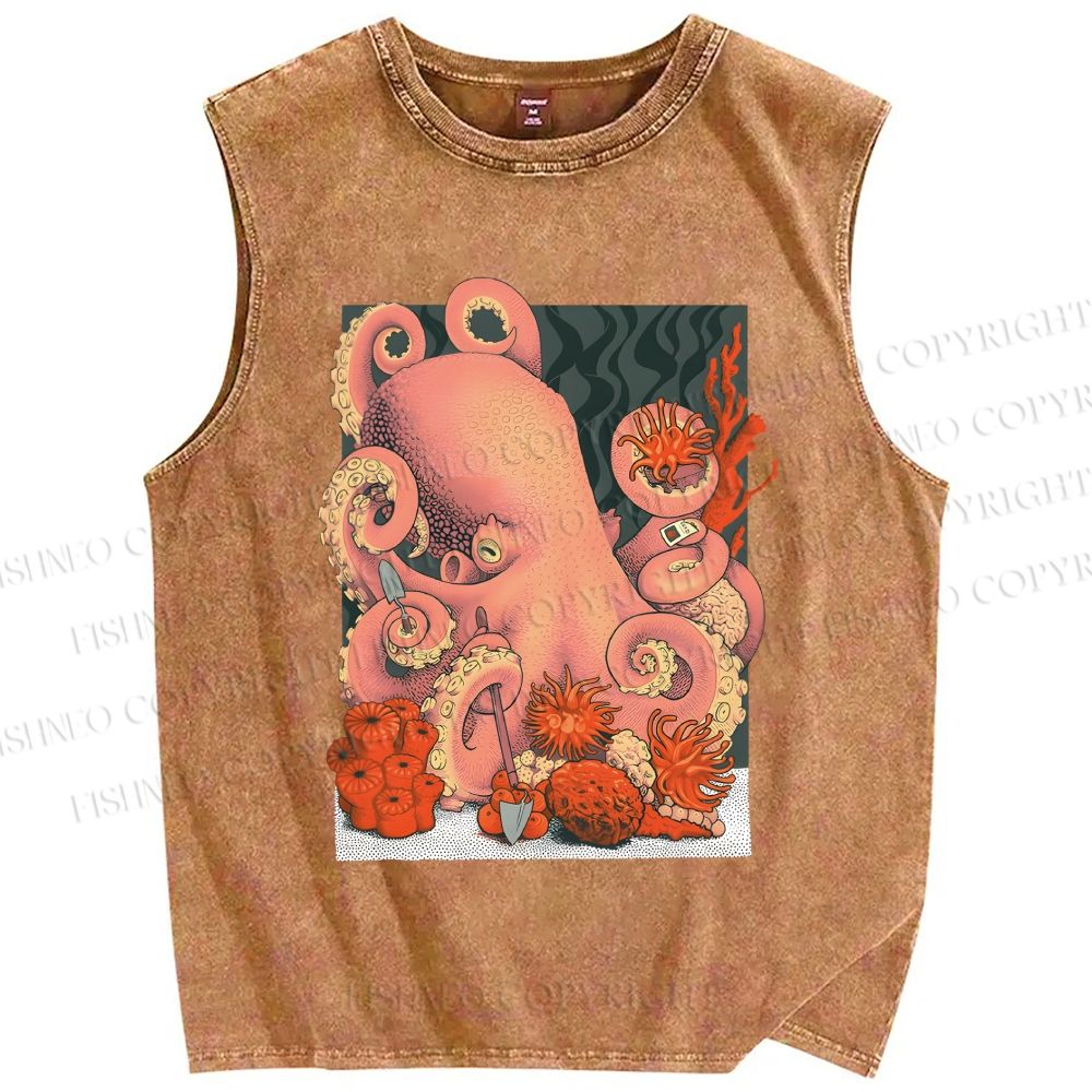 Unisex Octopus on Sand Printed Washed Tank Top