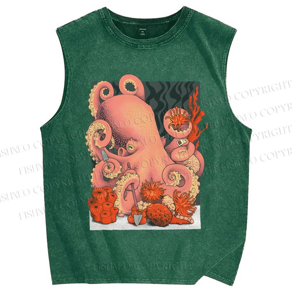 Unisex Octopus on Sand Printed Washed Tank Top