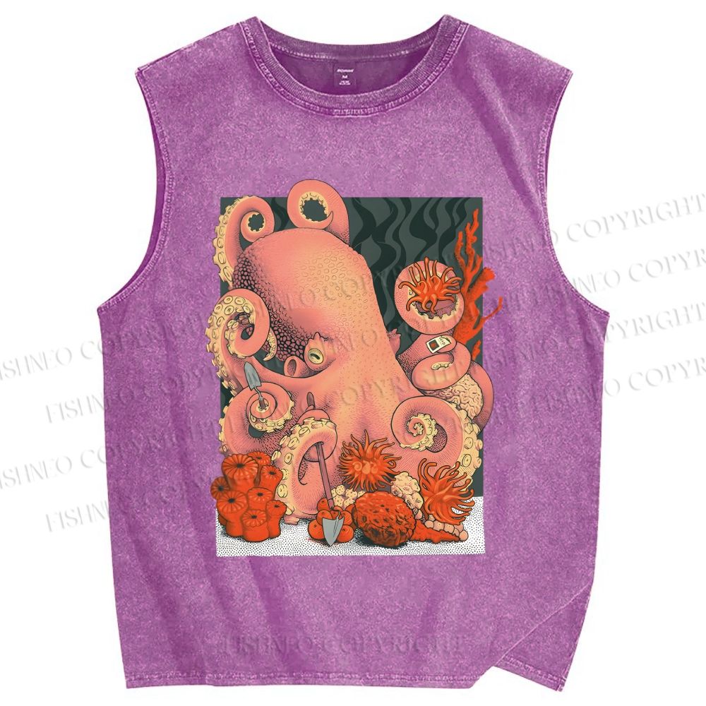Unisex Octopus on Sand Printed Washed Tank Top