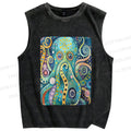 Unisex Blue Green Octopus Printed Washed Tank Top