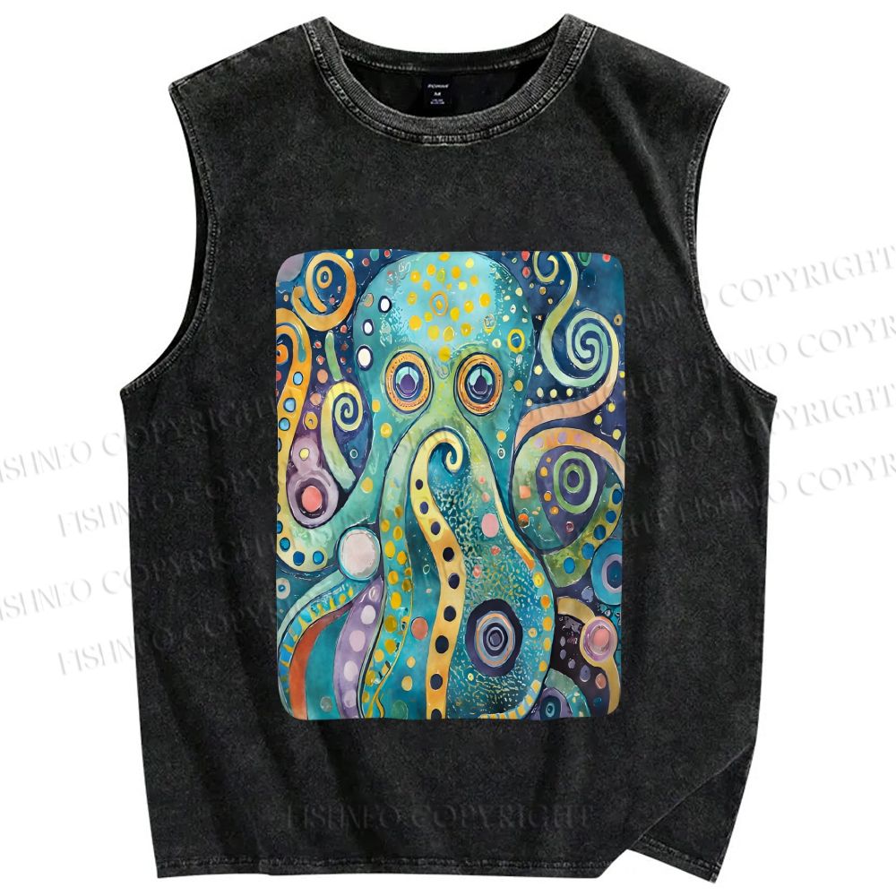 Unisex Blue Green Octopus Printed Washed Tank Top