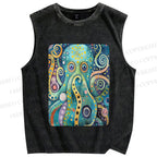 Unisex Blue Green Octopus Printed Washed Tank Top