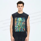 Unisex Blue Green Octopus Printed Washed Tank Top