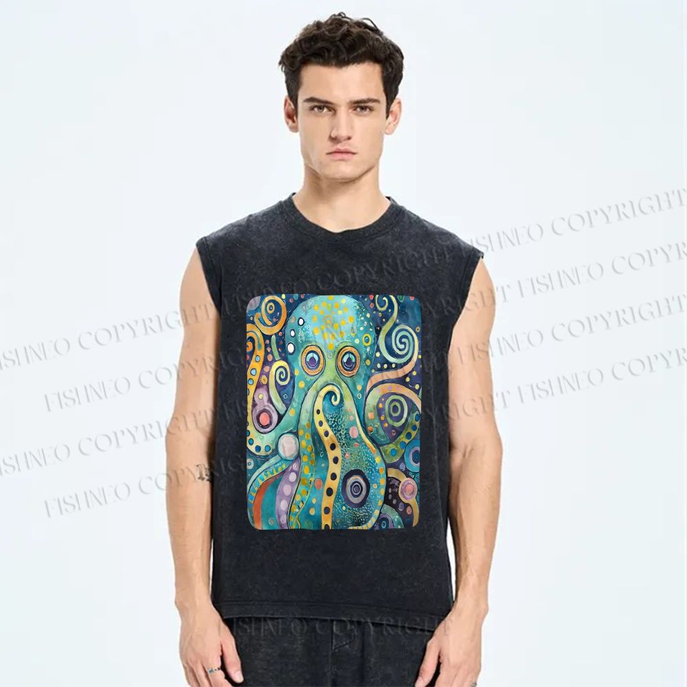 Unisex Blue Green Octopus Printed Washed Tank Top