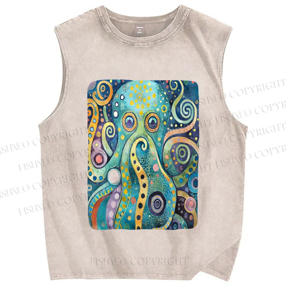 Unisex Blue Green Octopus Printed Washed Tank Top