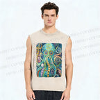 Unisex Blue Green Octopus Printed Washed Tank Top