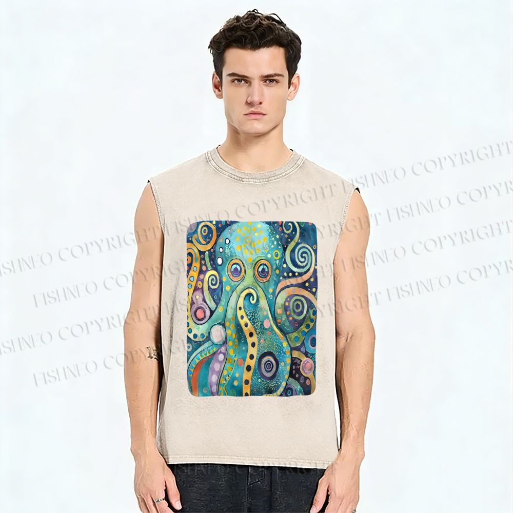 Unisex Blue Green Octopus Printed Washed Tank Top