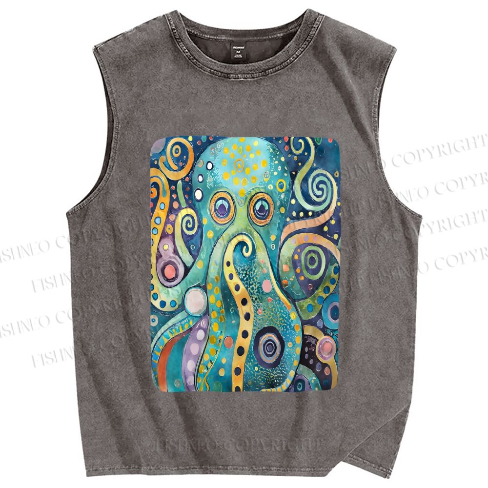 Unisex Blue Green Octopus Printed Washed Tank Top