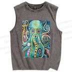 Unisex Blue Green Octopus Printed Washed Tank Top
