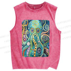 Unisex Blue Green Octopus Printed Washed Tank Top
