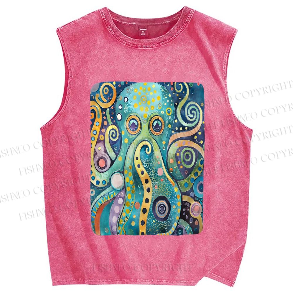 Unisex Blue Green Octopus Printed Washed Tank Top