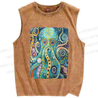 Unisex Blue Green Octopus Printed Washed Tank Top